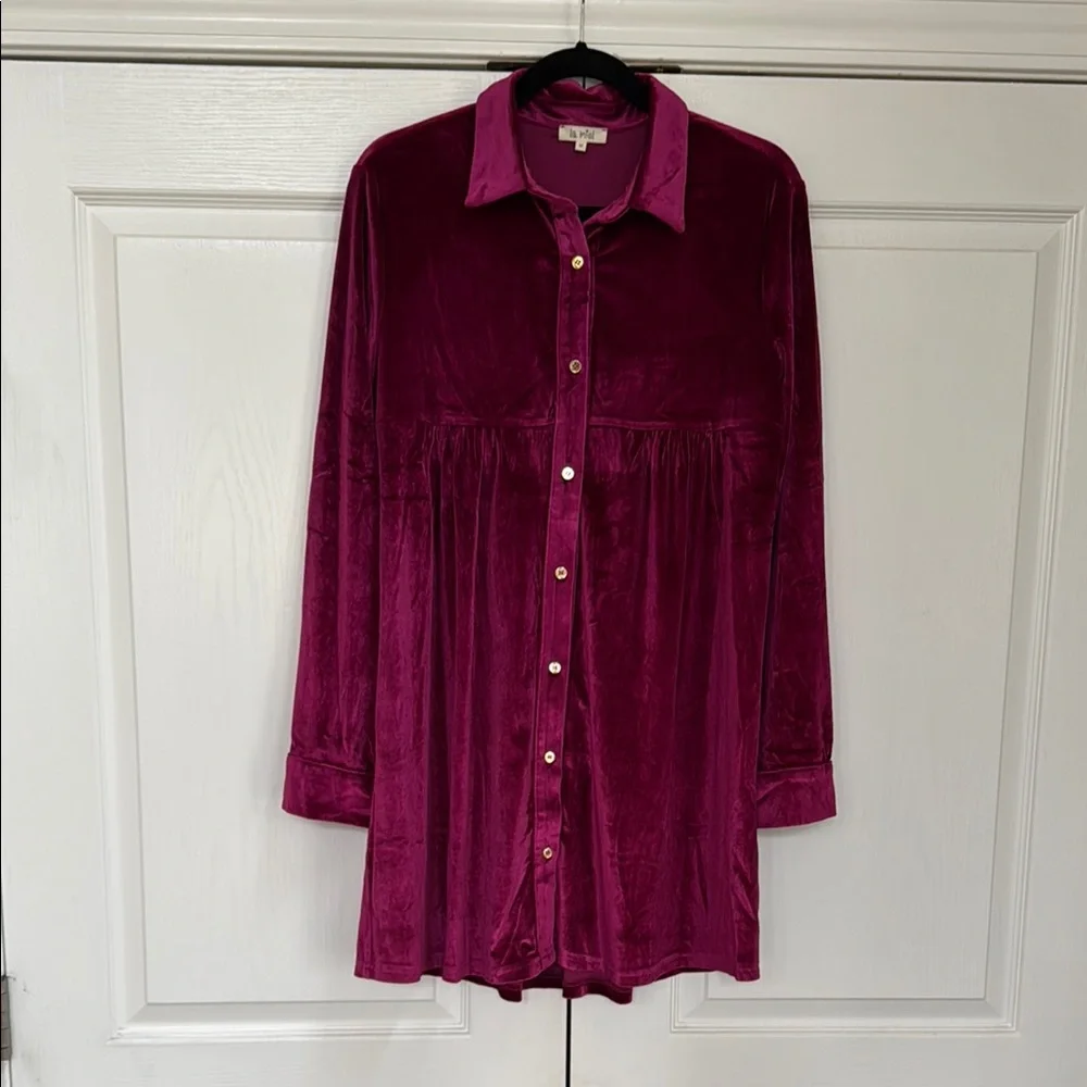 Pinkblush Magenta Velvet Button Down Maternity Dress - Picture 2 of 5